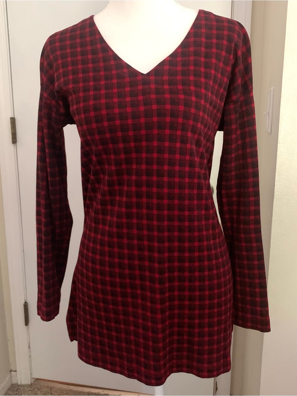 J. Jill Simply Supima Cotton Red Black Check V-Neck Plaid Tunic Long Sleeve XS